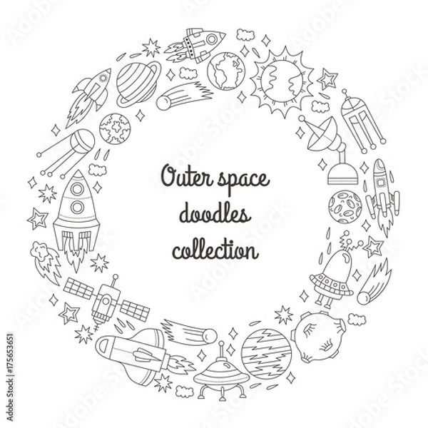 Fototapeta Outer space doodle icons round frame