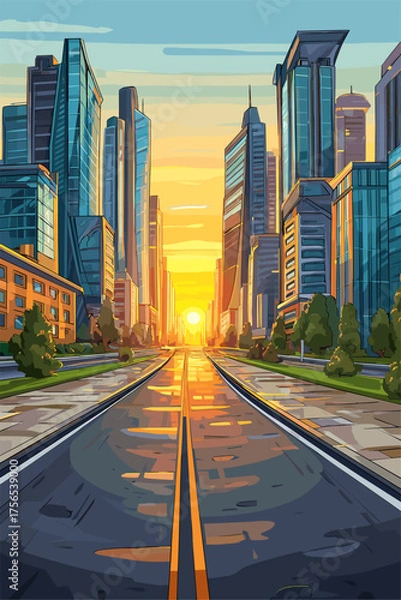 Obraz Vibrant Cityscape at Sunset with Reflective Streets