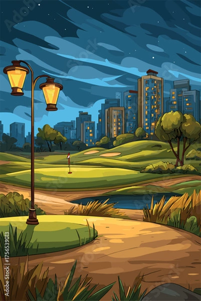 Obraz Nighttime Golf Course with City Skyline and Street Lamps