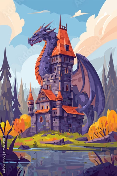 Obraz Majestic Castle with Dragon in a Fantastical Landscape
