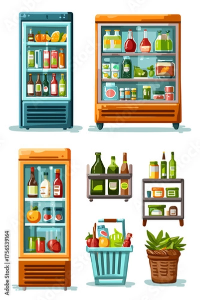 Obraz Colorful Refrigerators and Shelves Filled with Groceries and Beverages