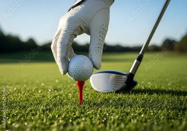 Fototapeta Golf Ball Placement on Red Tee — Close-Up of Gloved Hand Preparing for Tee Shot on Lush Green Course