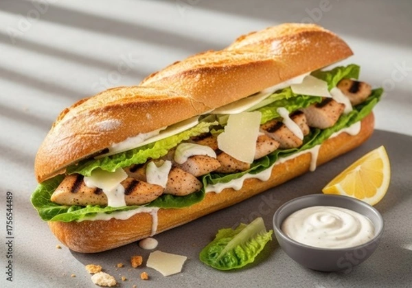 Fototapeta Grilled chicken Caesar sandwich on crusty baguette with romaine & parmesan
