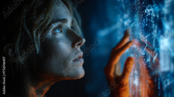Fototapeta Woman Touching Futuristic Interface: A woman interacts with a mesmerizing futuristic interface, her expression a mix of wonder and concentration, as she explores the unknown.