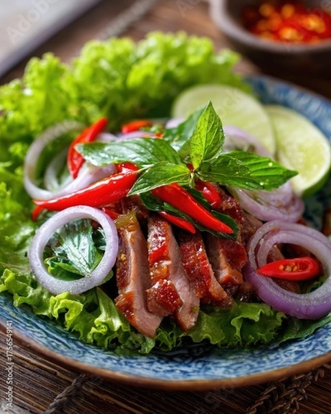 Fototapeta Sliced grilled duck salad with fresh lettuce red chilies and onion rings