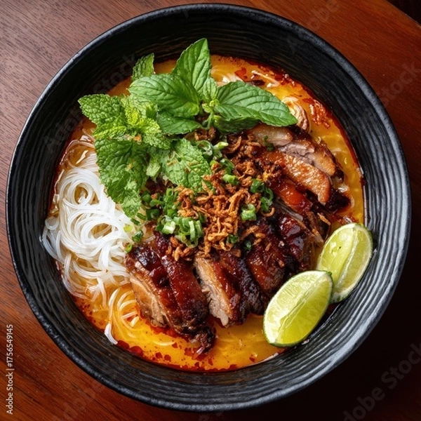 Fototapeta Sliced roasted duck with noodles mint lime and fried onions in broth roast duck