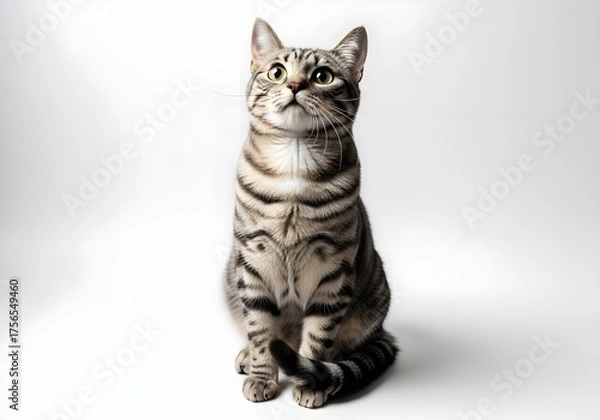 Fototapeta Alert Tabby Cat Sitting Against White Background — Symmetrical Fur Pattern and Curious Expression in Studio Portrait