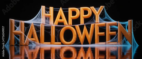 Fototapeta Happy Halloween text spooky lettering with spider web perfect for holiday greetings and seasonal designs