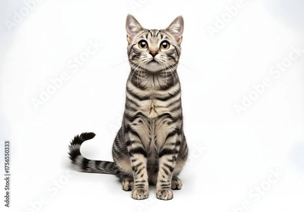 Fototapeta Tabby Cat Sitting Upright Against White Background — Symmetrical Fur Pattern and Curious Upward Gaze in Studio Portrait
