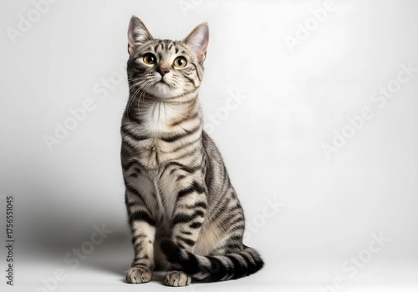 Fototapeta Tabby Cat Sitting Upright Against White Background — Golden Eyes and Symmetrical Fur Pattern in Studio Pet Portrait