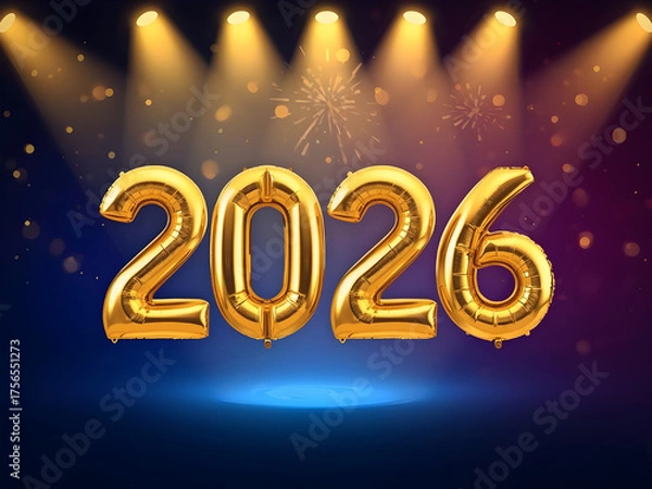 Fototapeta Golden 2026 balloons illuminated by stage spotlights on a dark blue background with bokeh lights