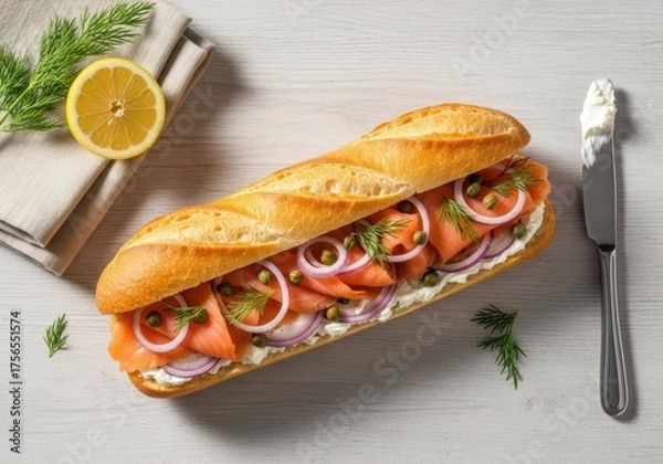 Fototapeta Smoked Salmon Sandwich with Cream Cheese, Red Onion, Capers, and Fresh Dill