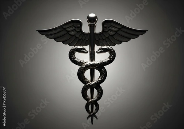 Fototapeta Metallic Caduceus Symbol with Winged Staff and Twin Serpents — Classical Emblem of Hermes Against Gradient Background
