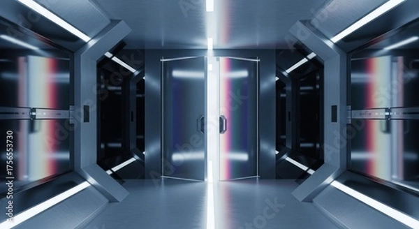 Fototapeta Shiny futuristic corridor with light streaming from open metallic doors