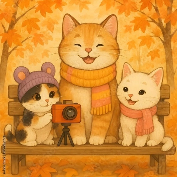 Obraz Three adorable cats sitting together on a wooden bench outdoors during autumn, surrounded by warm orange maple leaves