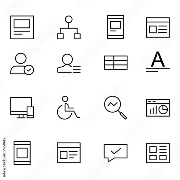 Fototapeta Collection of Basic UI/UX Related Vector Line Icons. Contains Icons like User, Search, Text, Laptop and more. Editable stroke. 48x48 pixels