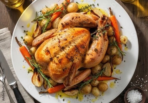 Fototapeta Whole roasted chicken with crispy skin and herbs on rustic wooden board — top view