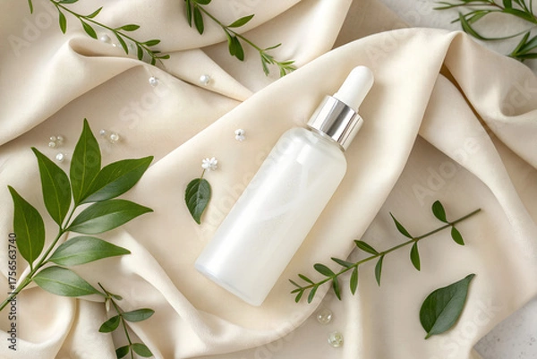 Obraz Minimalistic skincare concept with a frosted white cosmetic bottle featuring a metallic cap , placed on soft beige satin fabric with green herbal leaves with elegant beauty composition 
