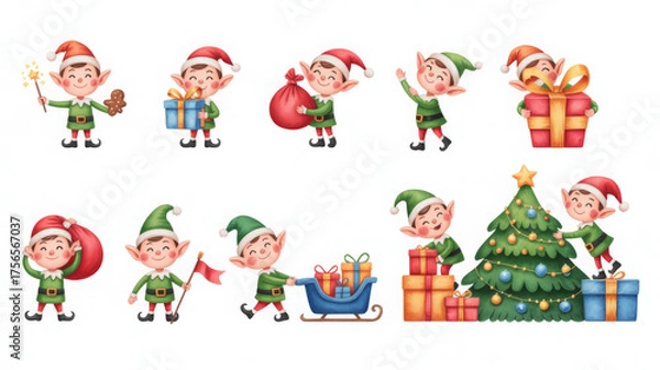 Fototapeta Set of Christmas elf illustrations cute cartoon characters in various poses vector design for holiday season greeting cards and decorations