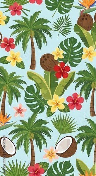 Obraz Tropical Paradise Pattern with Palm Trees, Flowers, and Coconuts.