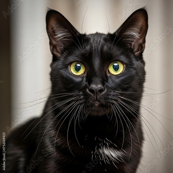 Fototapeta Elegant Black Cat with Piercing Yellow Eyes Gazing Intently.