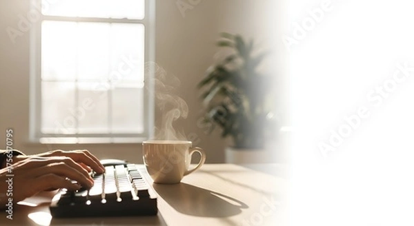 Fototapeta Hands Typing on Keyboard with Steaming Coffee by Sunny Window