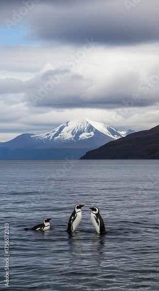 Fototapeta Penguins in Antarctic Waters - A Serene Landscape.