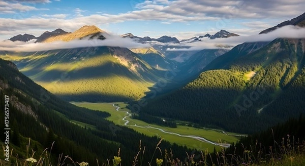 Fototapeta Majestic Mountain Valley - A Serene Landscape of Greenery and Peaks.