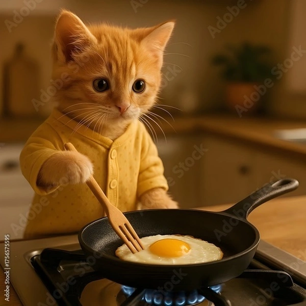 Obraz A cute ginger kitten standing upright on a kitchen counter, wearing a small yellow pajama top, cooking an egg in a frying pan on a gas stove.