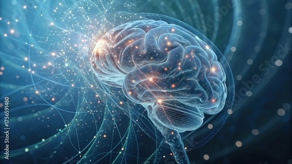 Fototapeta A digital representation of a brain with glowing connections, symbolizing neural activity and advanced cognitive processes.