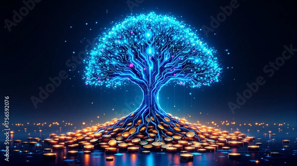 Obraz Futuristic Tree of Knowledge with Technology Roots and Golden Coins