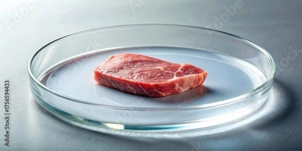 Fototapeta A single piece of raw meat rests on a glass laboratory dish, a pristine specimen for scientific examination or culinary innovation
