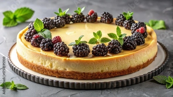 Fototapeta A delectable creamy cheesecake, adorned with a vibrant ring of fresh blackberries and raspberries, accented by delicate sprigs of mint, rests on a simple yet elegant serving plate.