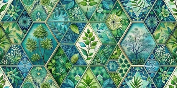 Fototapeta A Serene Tapestry of Botanical Illustrations in a Geometric Arrangement Featuring Diverse Green Hues and Intricate Leaf Designs