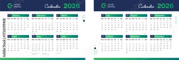 Fototapeta Modern Corporate 2026 Desk Calendar Template – Landscape Layout