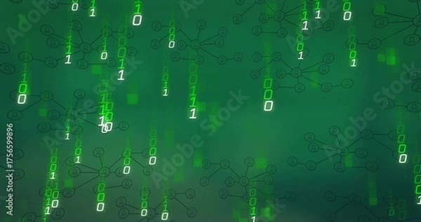 Obraz Cascading binary digits forming schematic network node diagrams in virtual environment, green theme