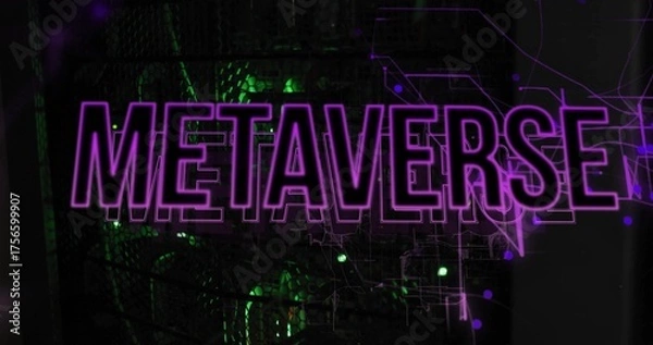 Fototapeta Shimmering bold METAVERSE text pulsing across virtual circuit mesh, glowing green network nodes