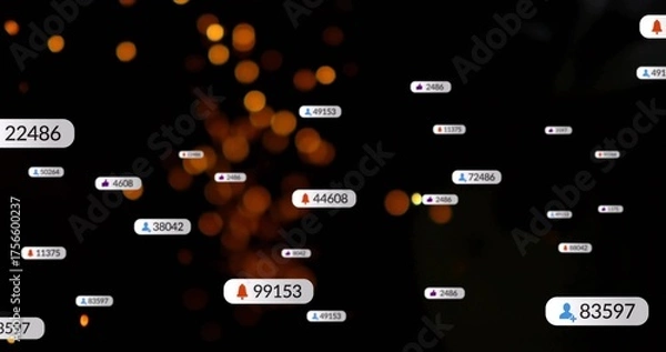 Fototapeta Floating notification badges showing user bell thumbs-up icons in graphic amid dark orange bokeh