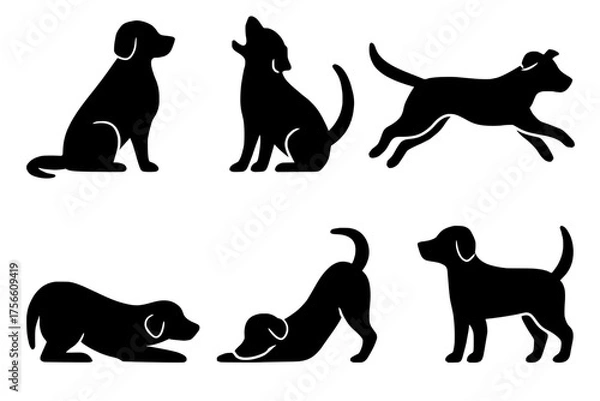 Fototapeta Playful Canine Silhouettes: A collection of charming dog silhouettes in various poses, capturing the essence of canine companionship and delight.