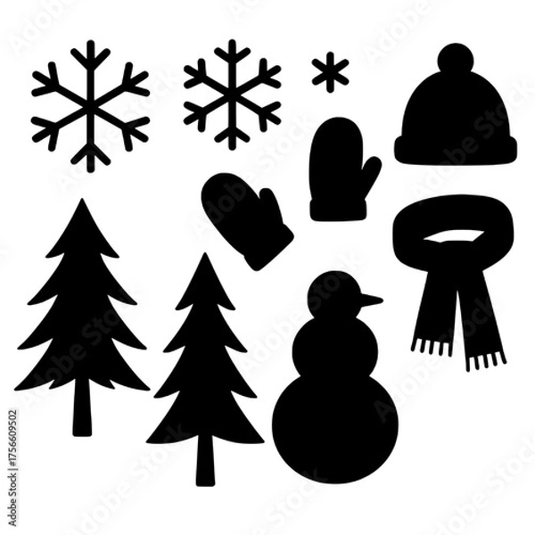 Fototapeta Winter Silhouette Collection: A collection of winter silhouettes of a snowman, snowflake, and winter accessories, illustrating a winter scene.