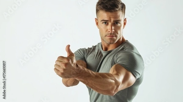 Fototapeta Confident male personal trainer demonstrating workout in studio environment fitness concept action pose for optimal results