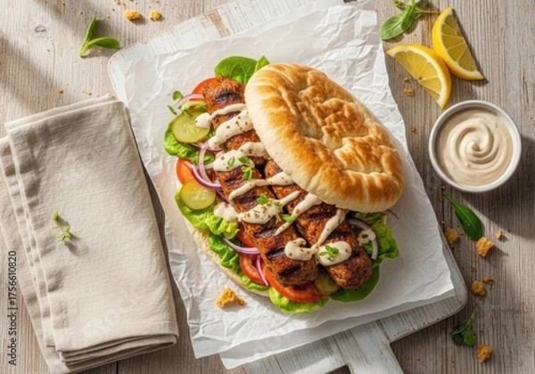 Fototapeta Grilled Chicken Pita Sandwich with Fresh Vegetables, Tahini Sauce & Lemon Wedges