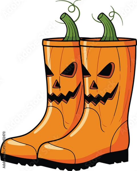 Obraz A pair of orange rain boots designed as jack-o'-lanterns, complete with carved faces and green pumpkin stems poking out of the top.