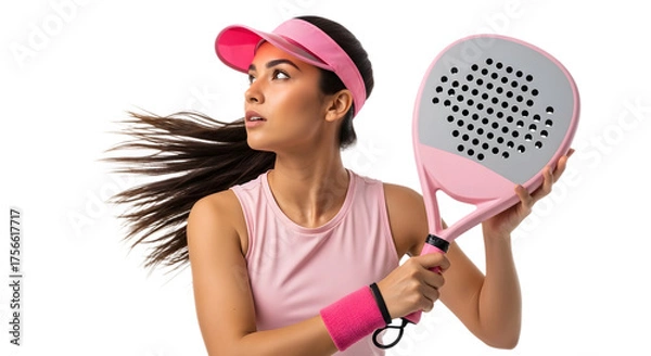 Obraz paddle tennis player in sporty outfit holding racket in studio with white background padel