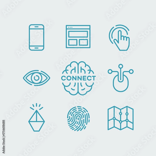 Fototapeta Stylized tech icons illustrating connective and interactive concepts, perfectly suited for technology firms focusing on user engagement and modern digital experiences.