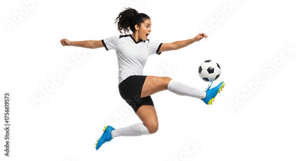 Fototapeta Soccer Player Kicking Ball Mid-Air Action Sports Studio White Background Side View