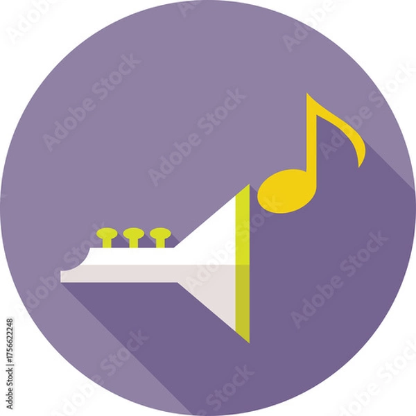 Fototapeta Stylized Trumpet with Musical Note and Shadow on Purple Circle Background Flat Design Icon