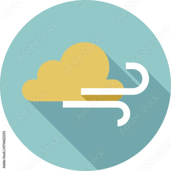 Obraz Stylized Wind Icon with Yellow Cloud and White Swirls on Teal Circle Background with Long Shadow