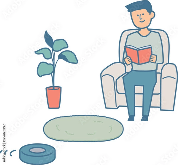 Obraz ロボット掃除機と部屋でくつろぐ男性のイラスト