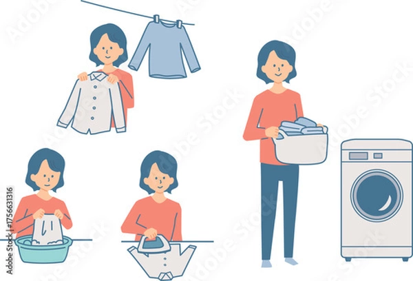 Obraz 洗濯する女性のイラストセット